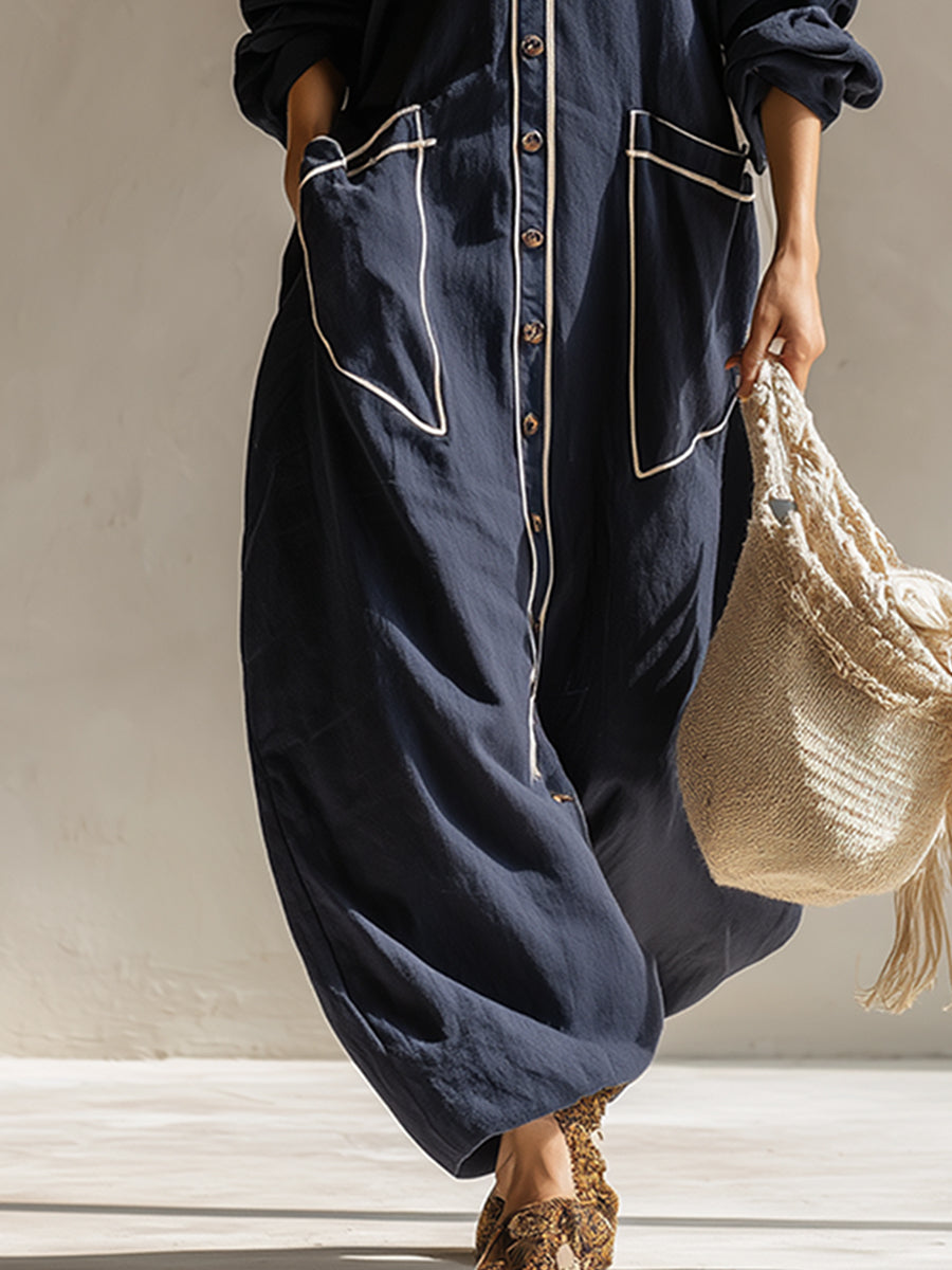Elegant Urban Style Navy Blue Cotton And Linen Maxi Dress