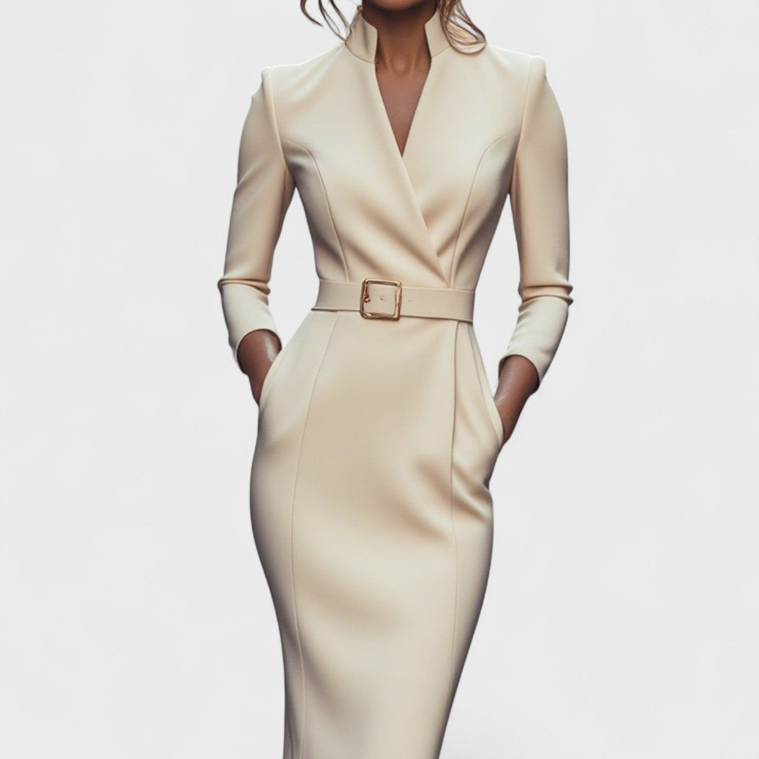 Mandarin | Elegant Black Dress with Belt and Mandarin Collar
