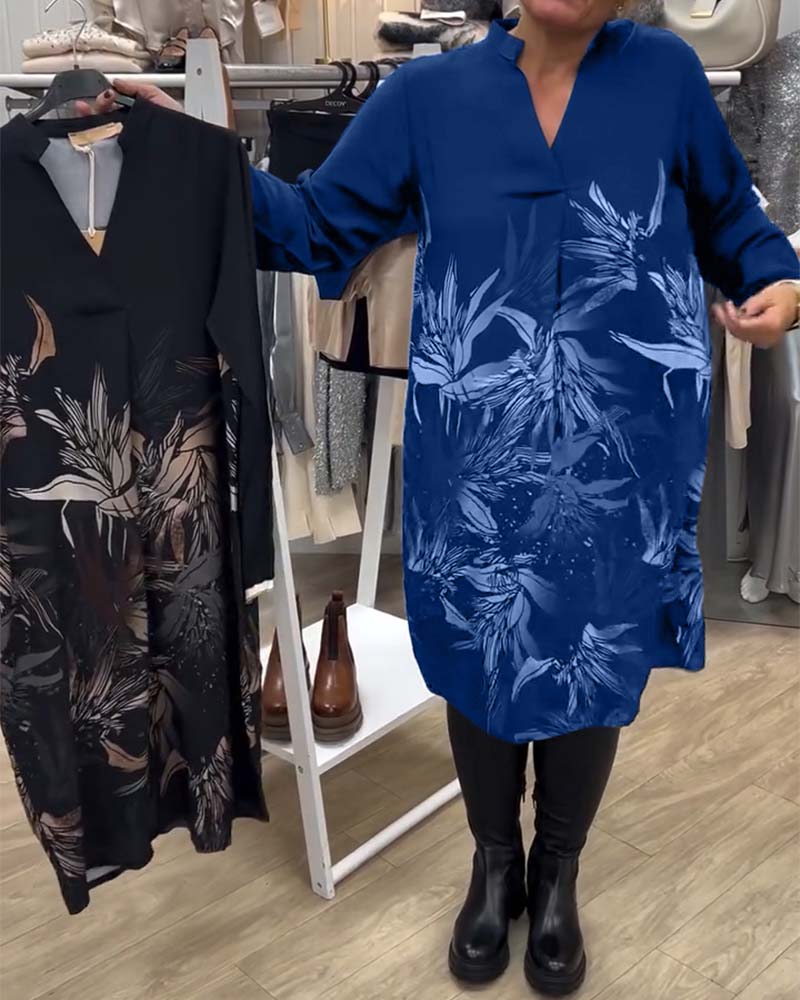 Dress V-neck Leaf Print Long Sleeve
