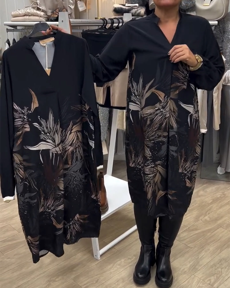 Dress V-neck Leaf Print Long Sleeve