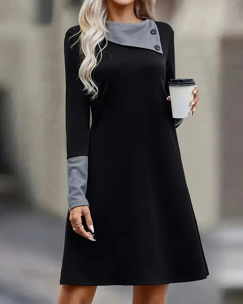 Casual Dress with Asymmetrical Neckline and Long Sleeves