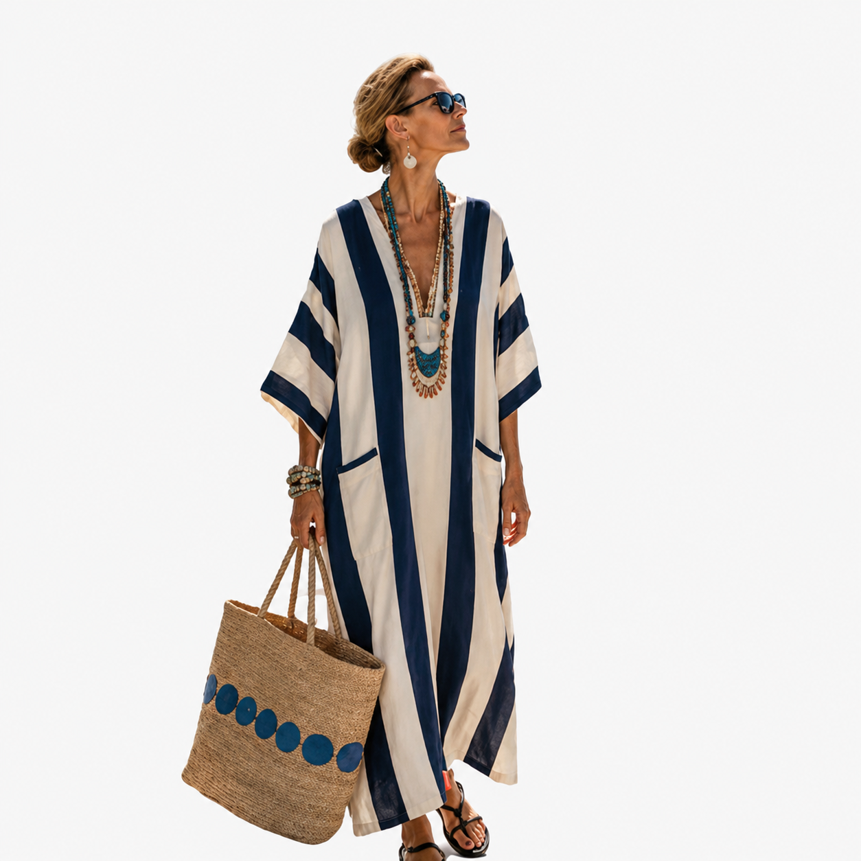 Lange Kaftan - Wit met donkerblauw