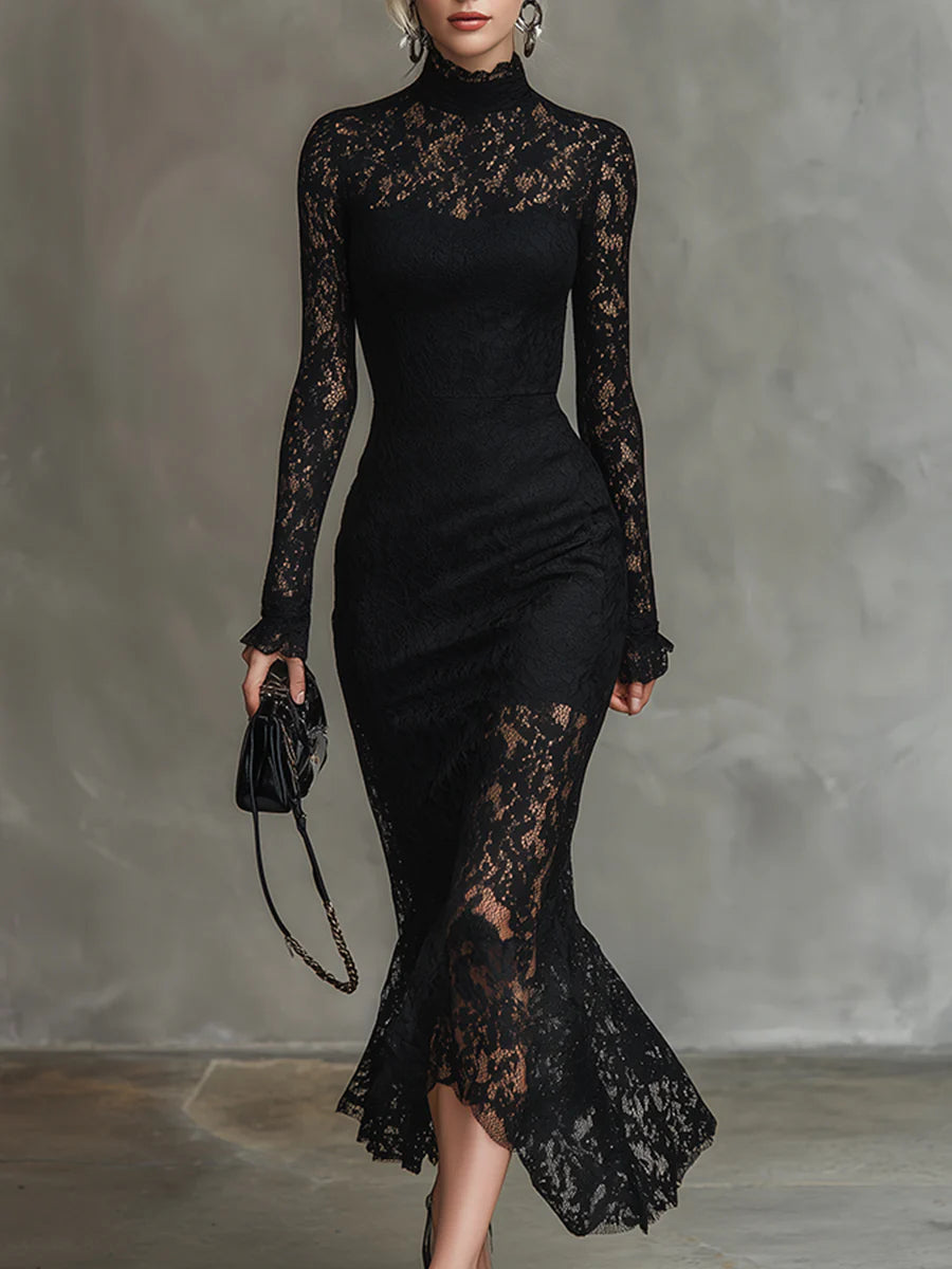 Elwira | Elegant Black Maxi Dress with Lace