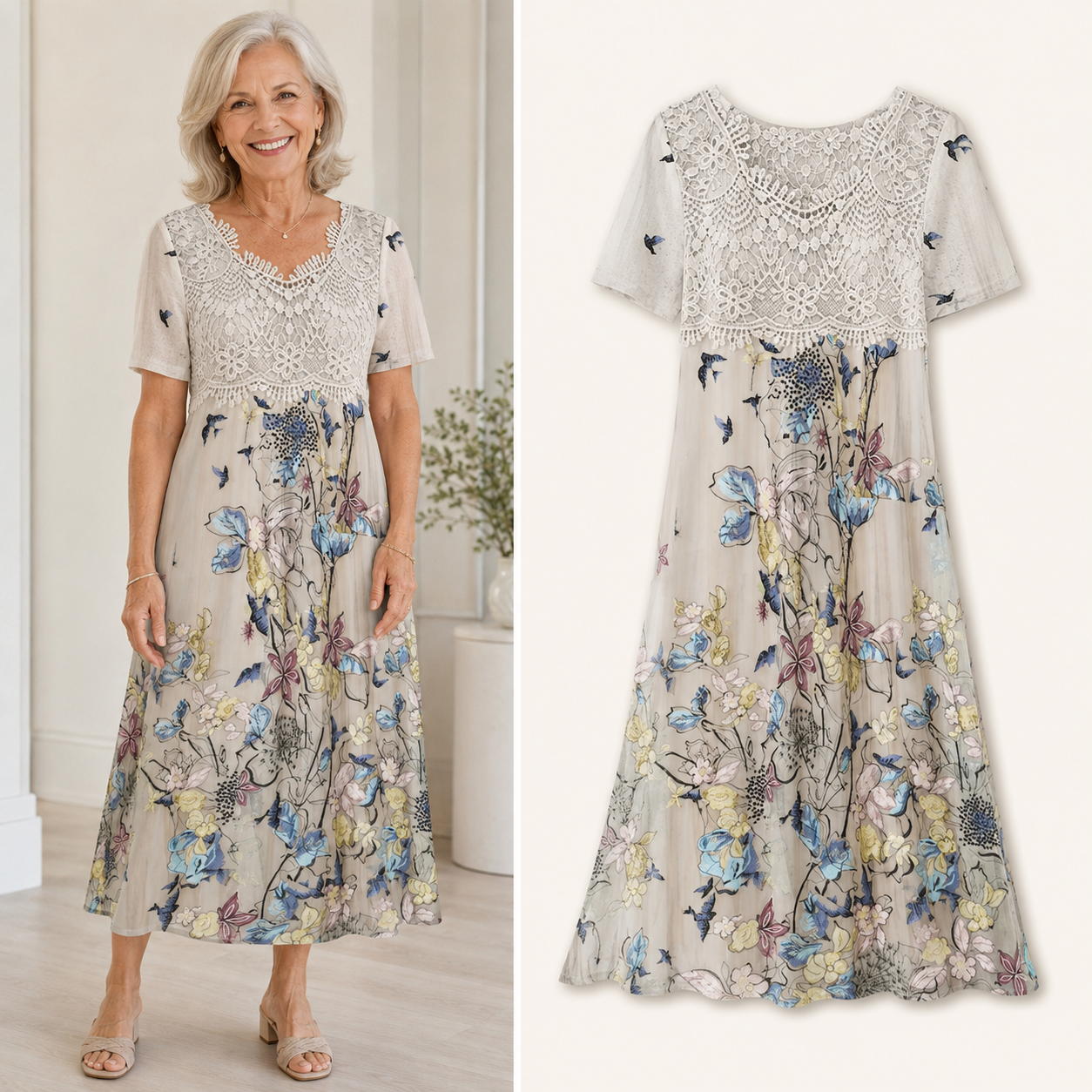 Lace Patchwork Floral Bird Print Dress