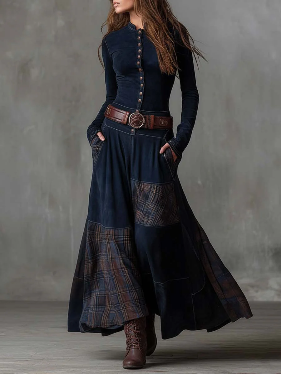 Helena | Navy Blue Suede Maxi Dress with Belt
