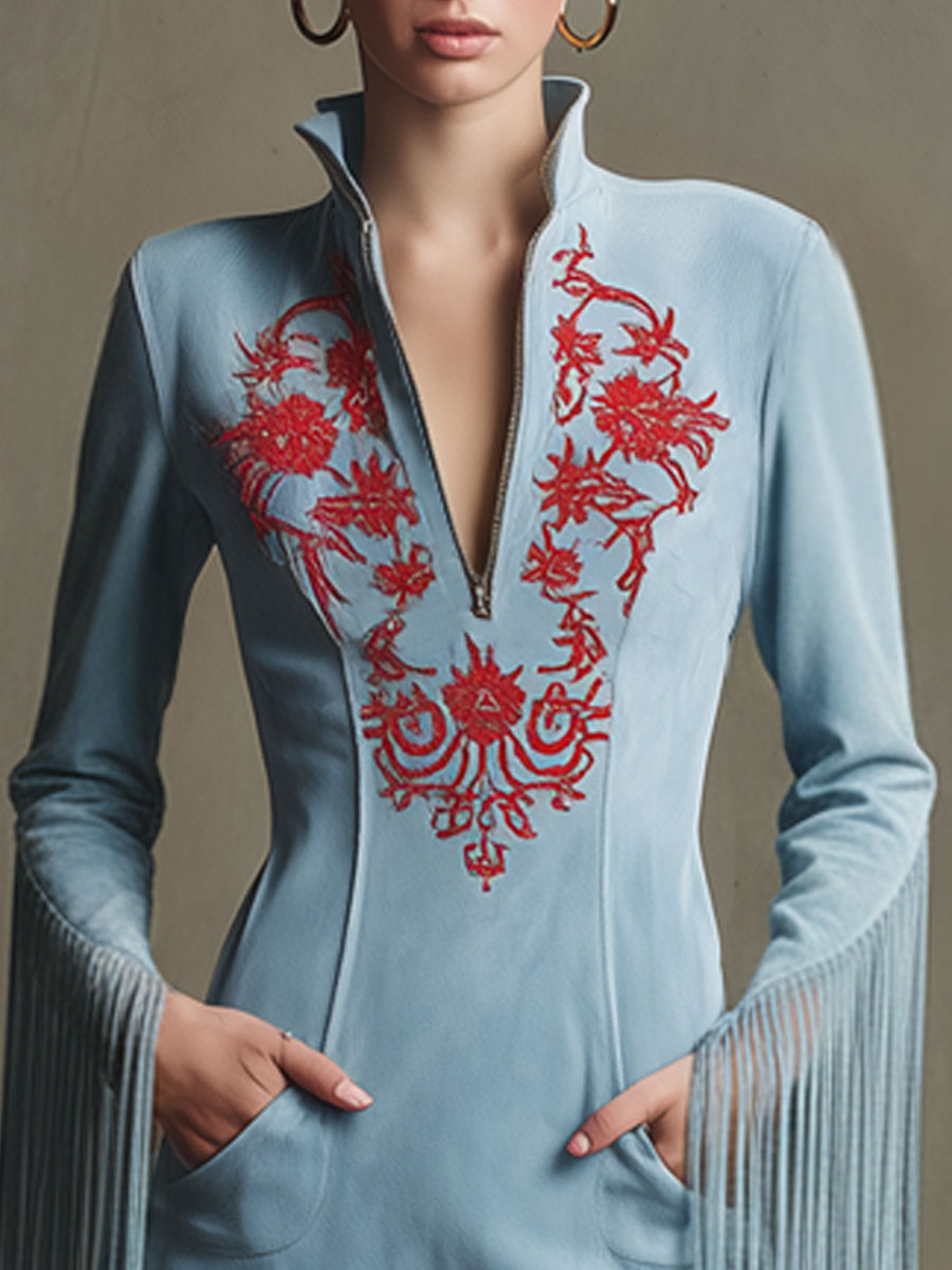 Western Retro Red Embroidered Blue Faux Suede Long Sleeved Tassel Mini Dress