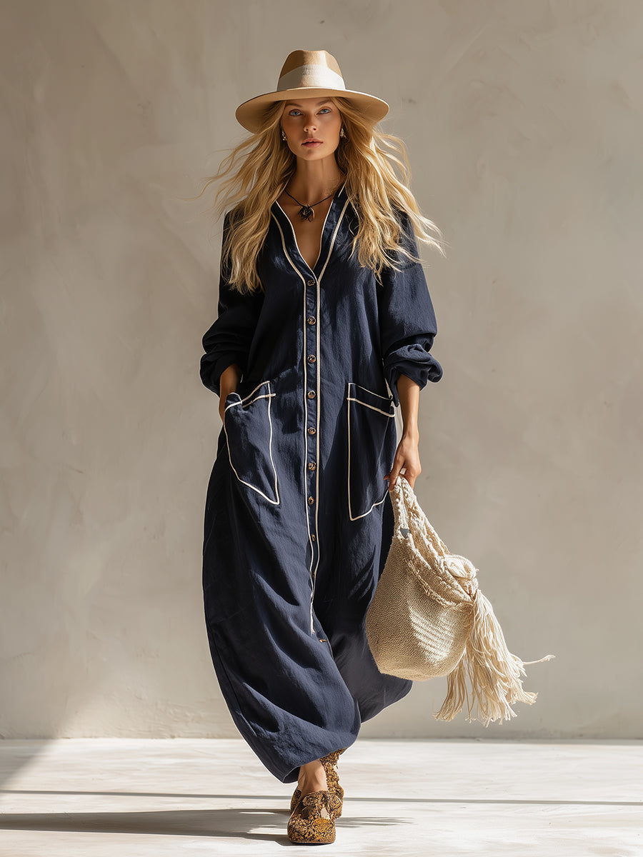 Elegant Urban Style Navy Blue Cotton And Linen Maxi Dress