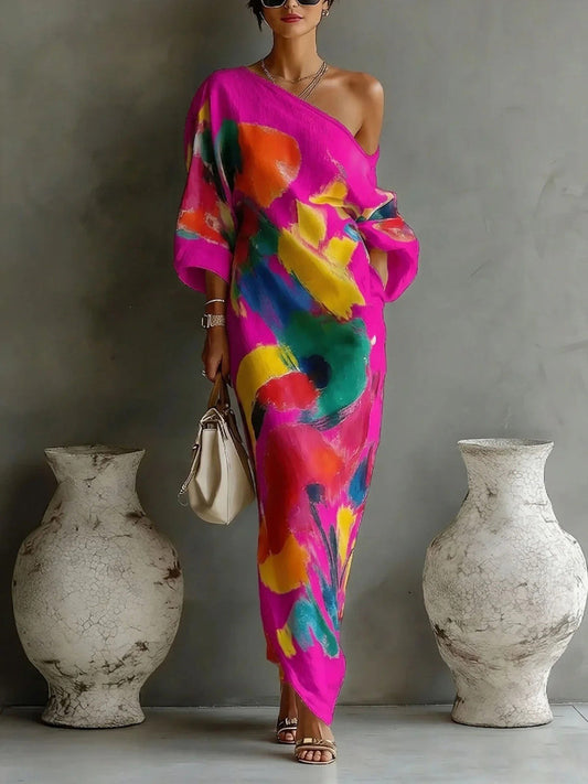 One-shoulder maxi-jurk met asymmetrische print - zijaanzicht