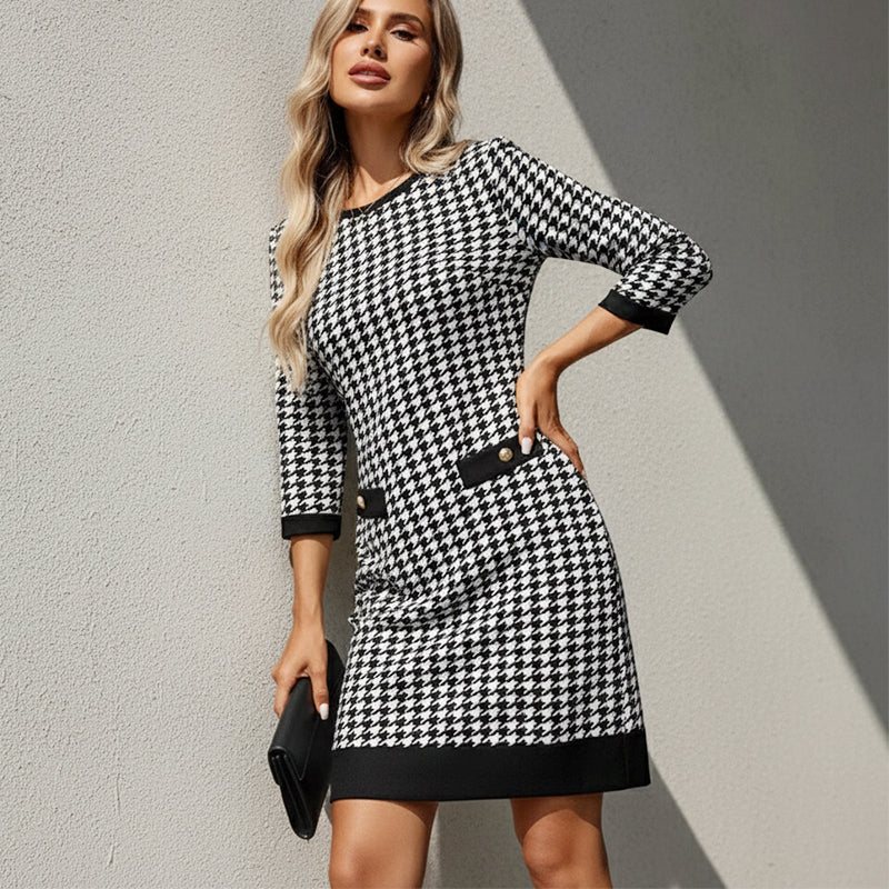 🏆 Hot Sale 70% OFF ✨Women's Crew Neck Houndstooth Bodycon Midi Dress