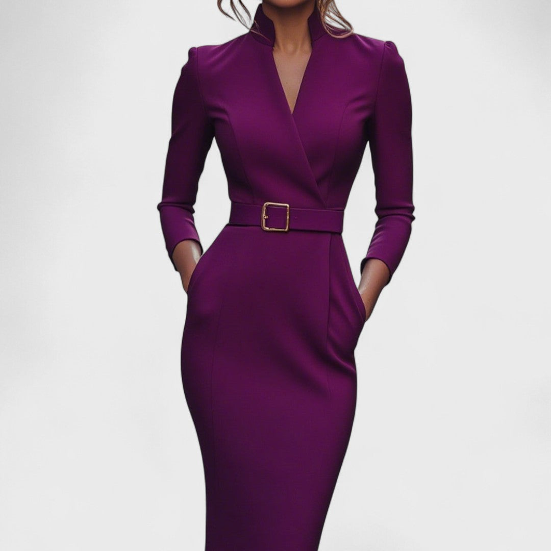 Mandarin | Elegant Black Dress with Belt and Mandarin Collar
