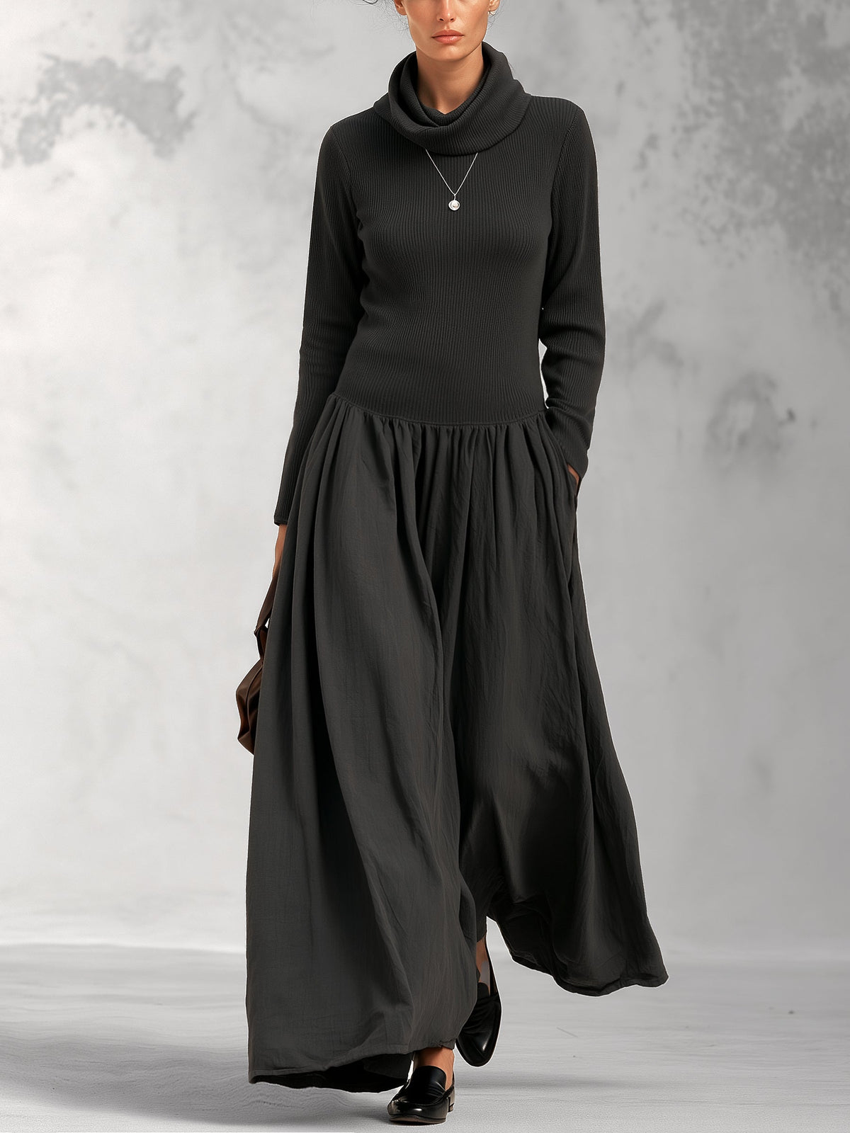Grijze gebreide maxi-jurk met col