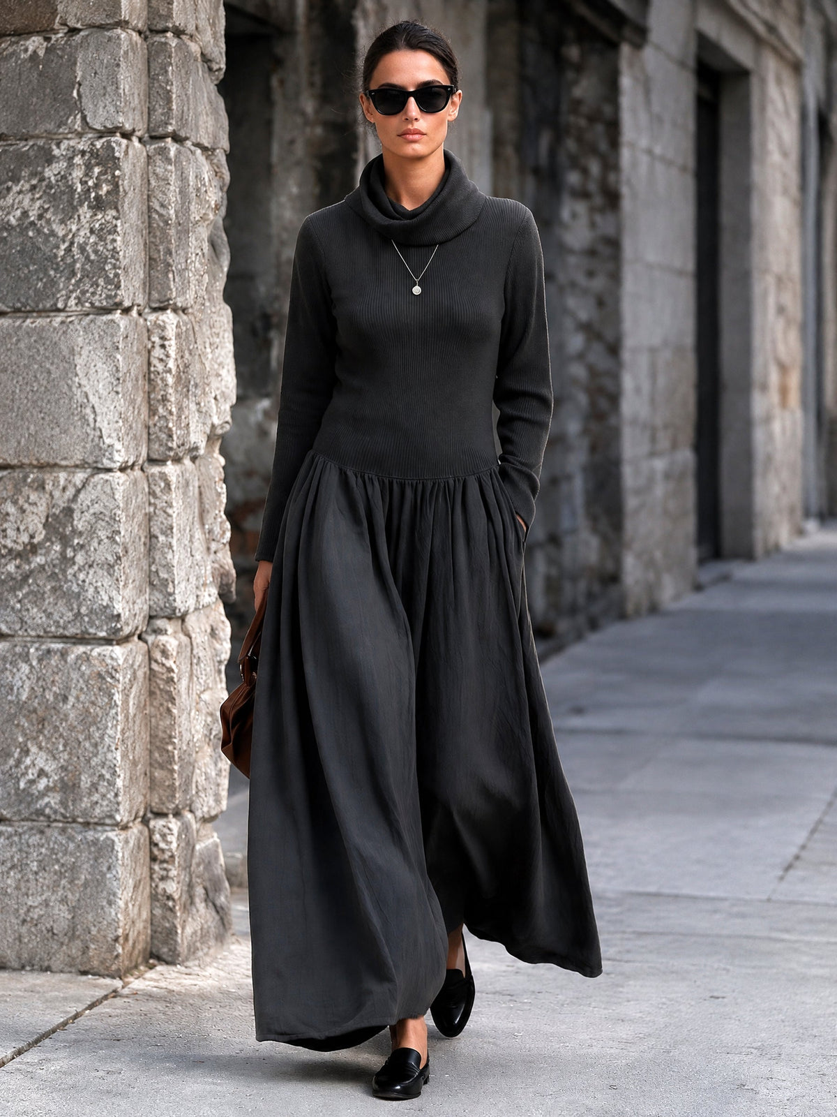 Grijze gebreide maxi-jurk met col