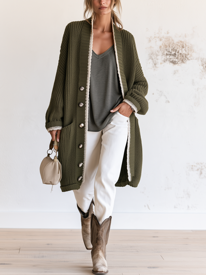 Lang olijfgroen vest met gehaakte details