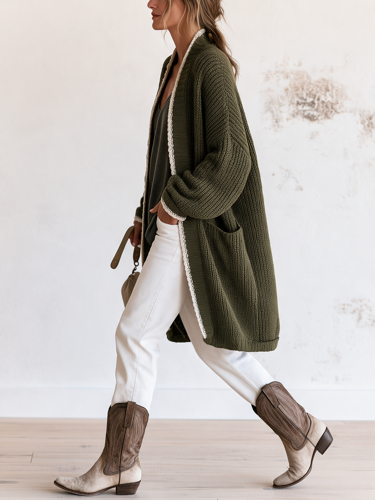 Lang olijfgroen vest met gehaakte details