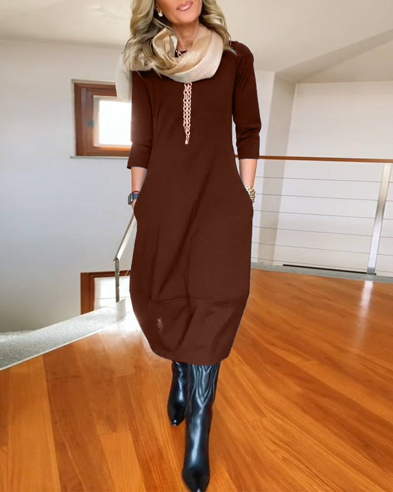 Elegant Solid Color Dress with Pocket and Round Collar