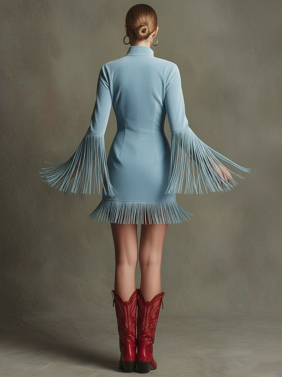 Western Retro Red Embroidered Blue Faux Suede Long Sleeved Tassel Mini Dress