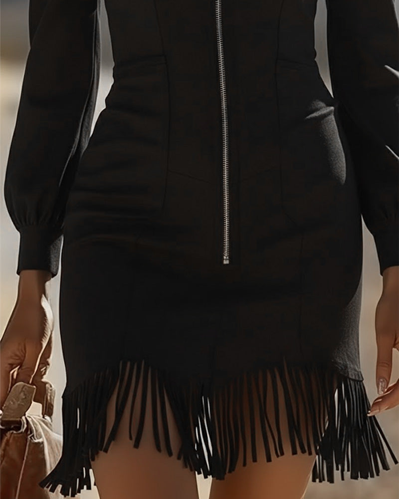 Zippered Collar Dress with Fringe Hem