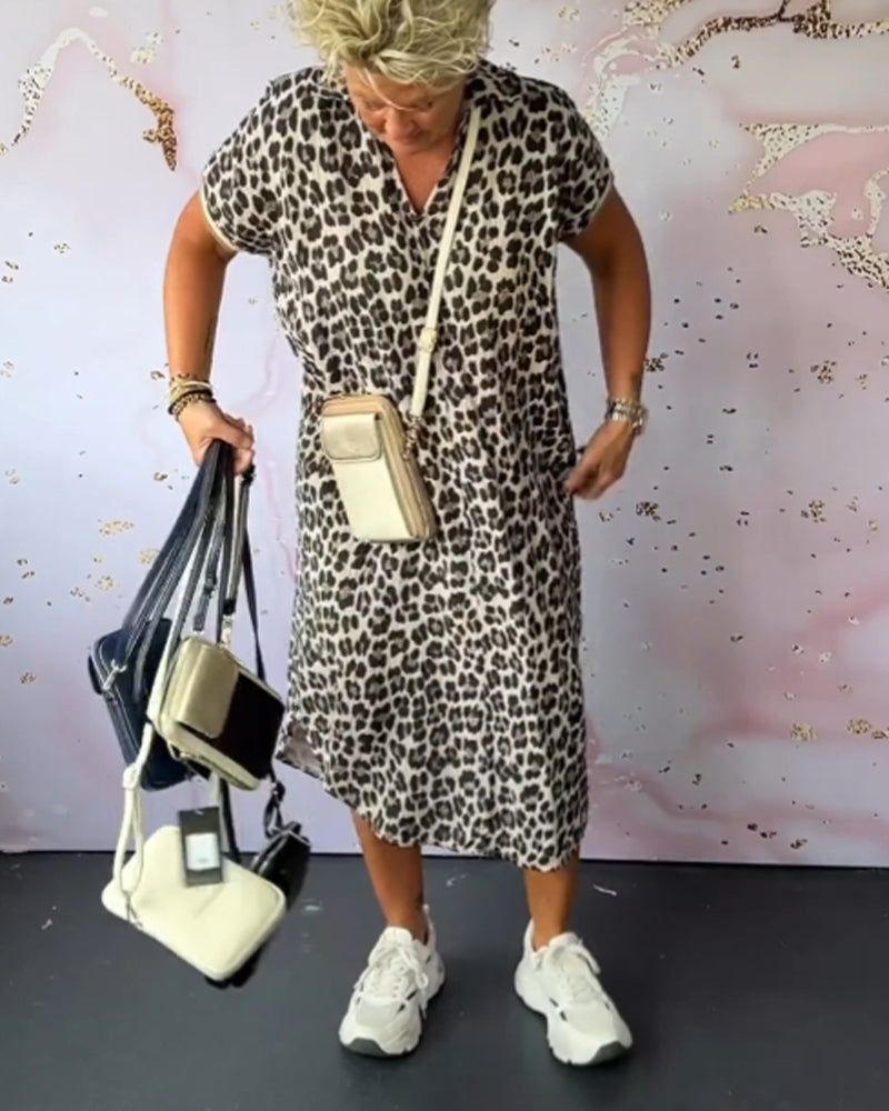 Short-Sleeved V-Neck Leopard Print Dress