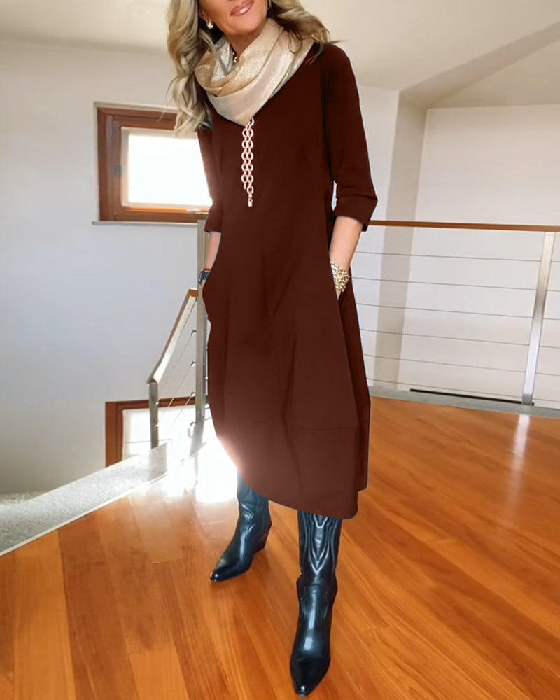 Elegant Solid Color Dress with Pocket and Round Collar