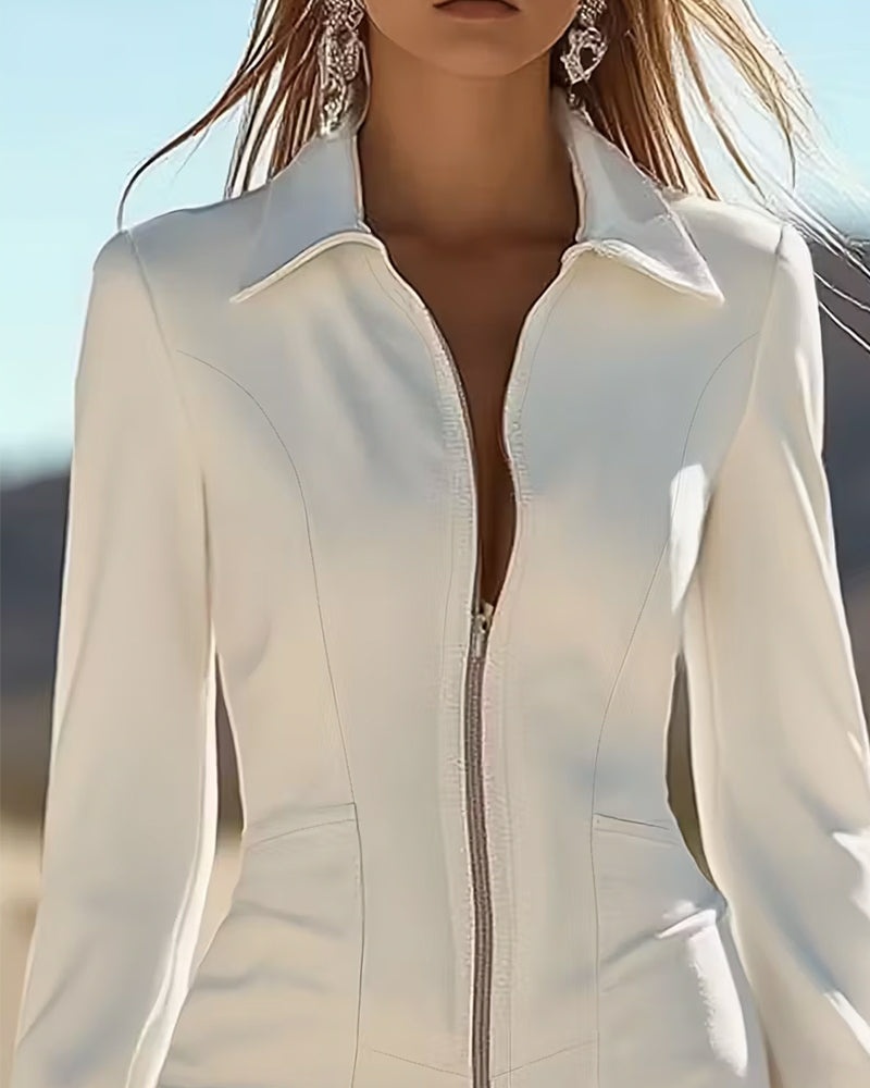 Zippered Collar Dress with Fringe Hem