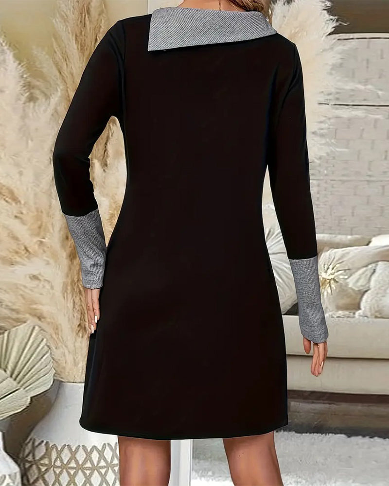 Casual Dress with Asymmetrical Neckline and Long Sleeves