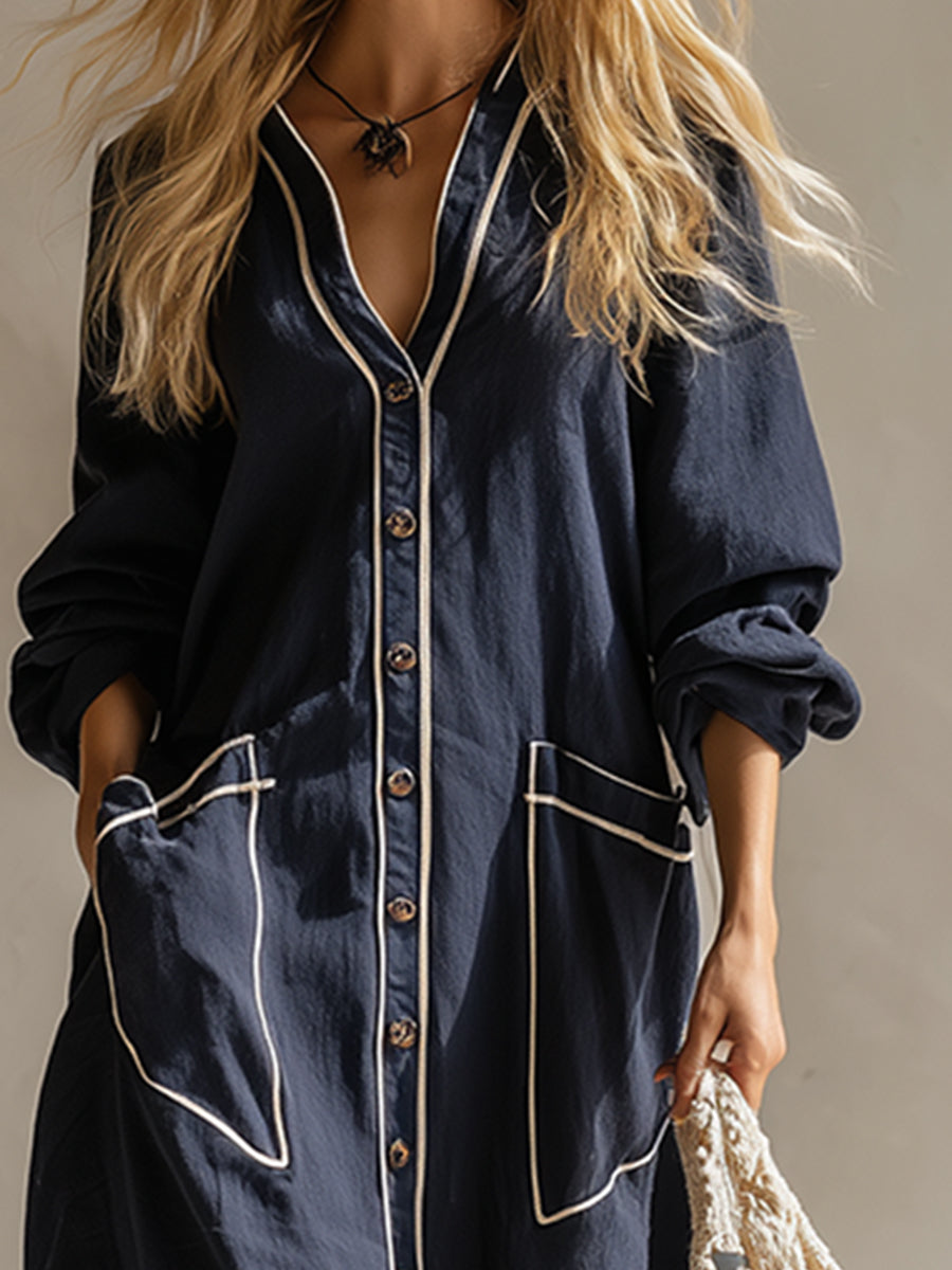 Elegant Urban Style Navy Blue Cotton And Linen Maxi Dress