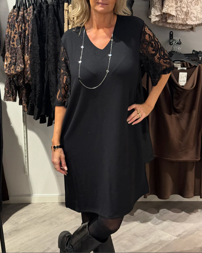 Elegant V-Neck Lace Sleeve Dress