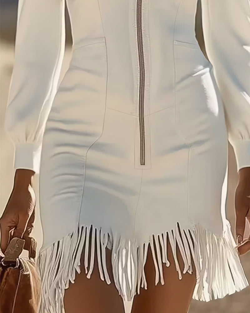 Zippered Collar Dress with Fringe Hem