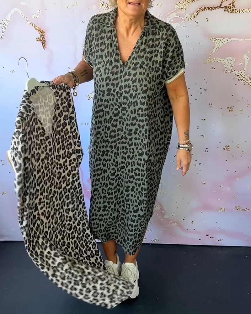 Short-Sleeved V-Neck Leopard Print Dress