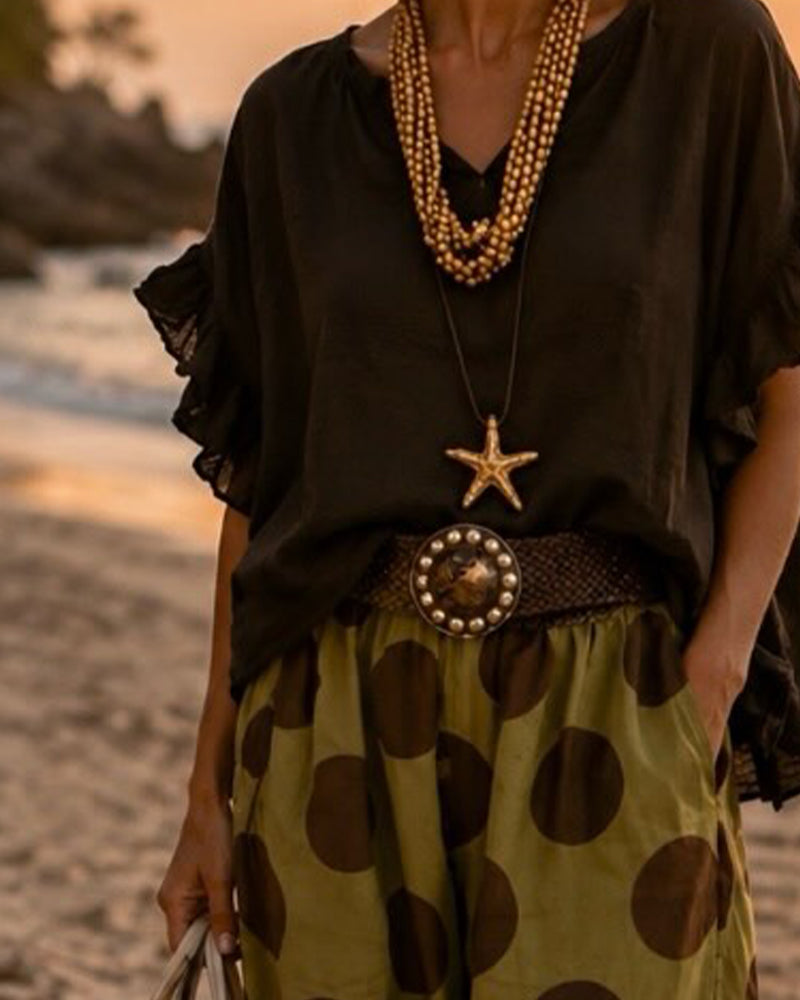 V-Neck Ruffle Top & Polka Dot Pants Set
