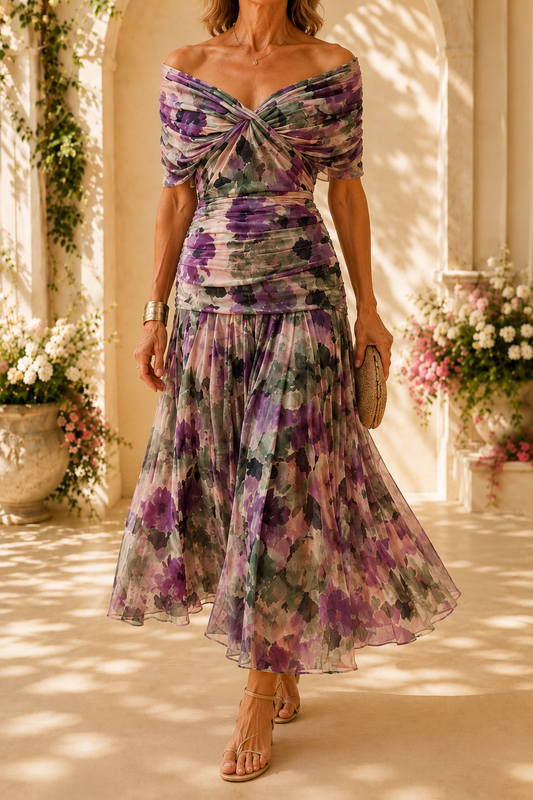 Elegante V-hals Fantasy Bloemenprint Feest Maxi Jurk
