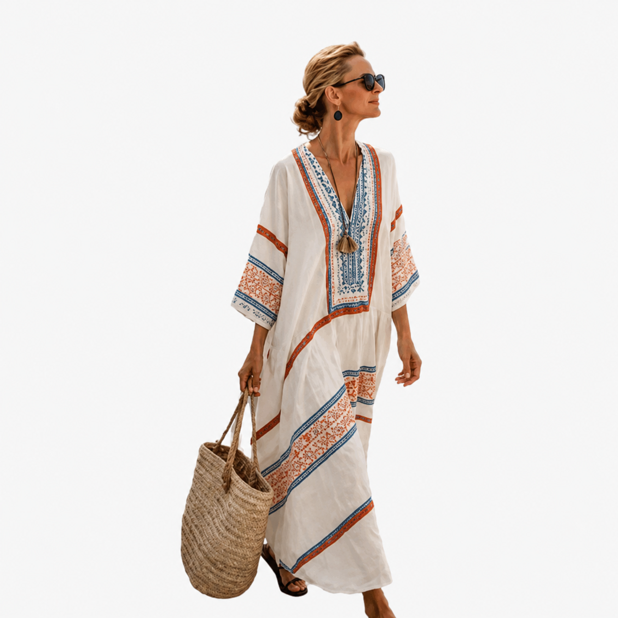 Lange Caftan - Wit met kleurrijke accenten