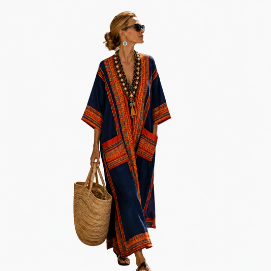 Lange Caftan - Donkerblauw met oranje