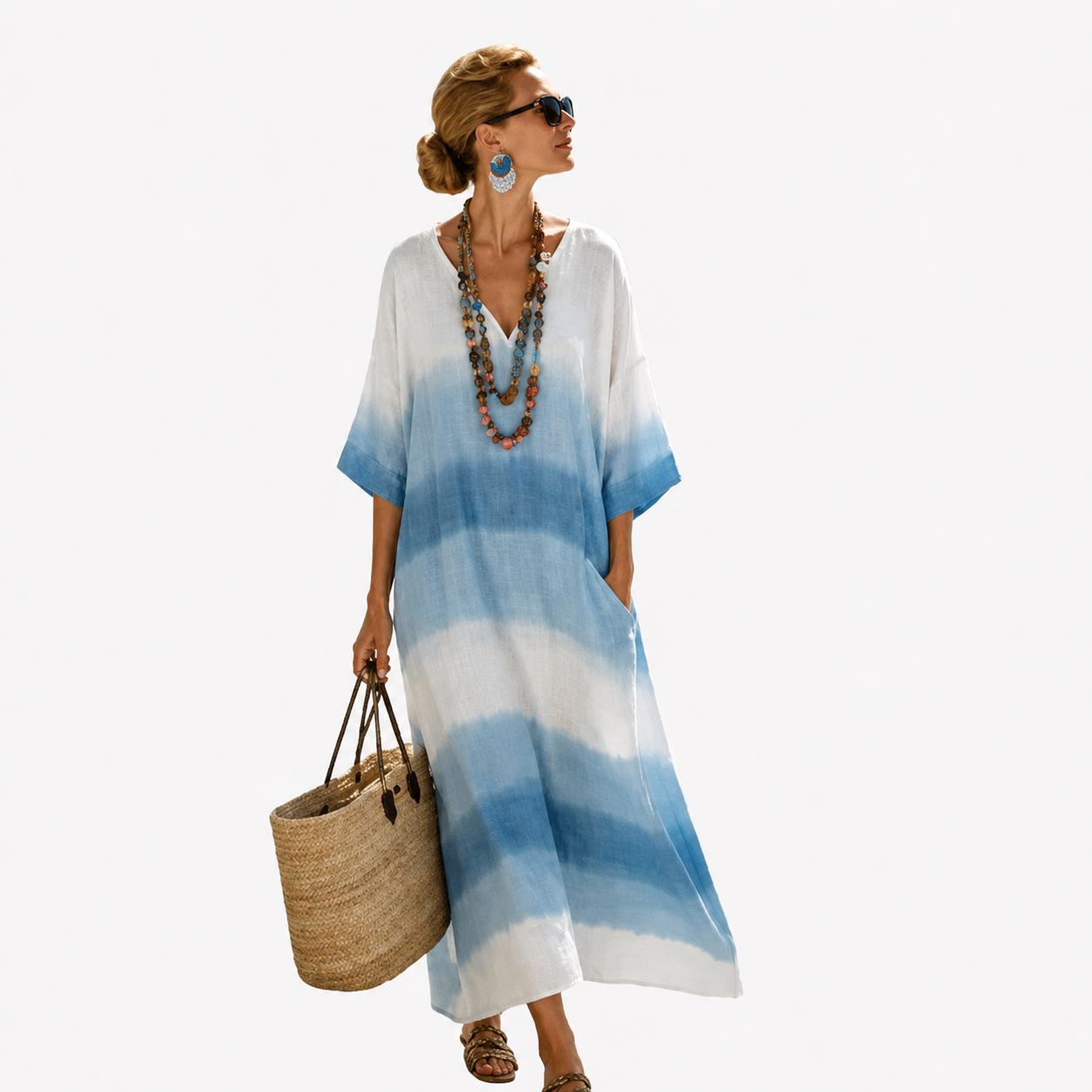 Lange Kaftan - Wit met blauw