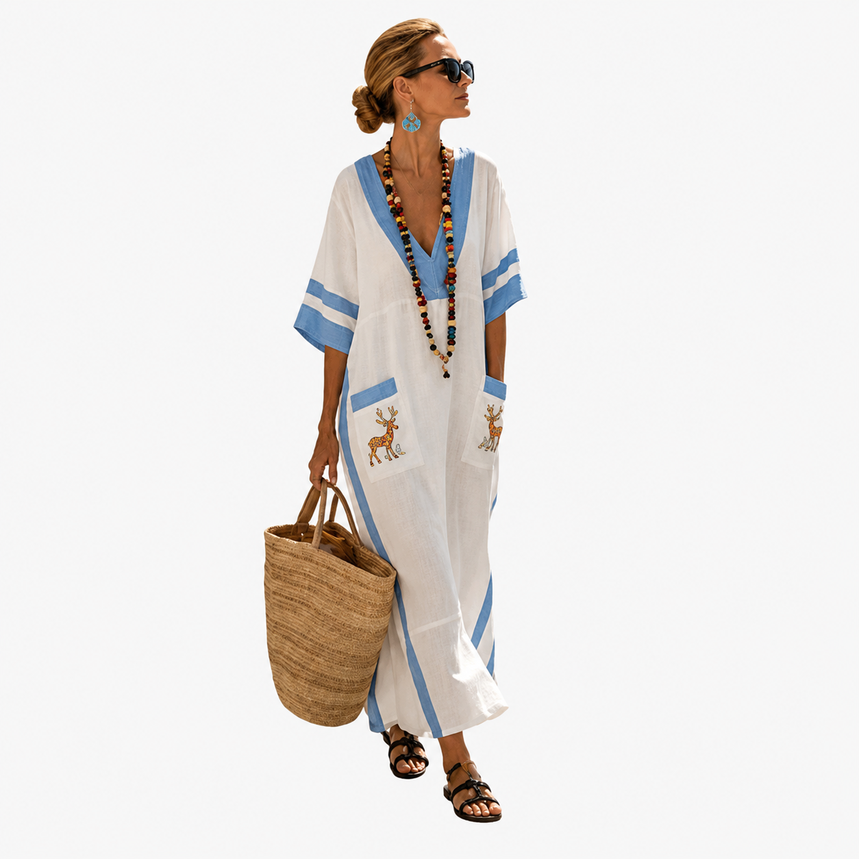 Lange Kaftan - Wit met dierenprint
