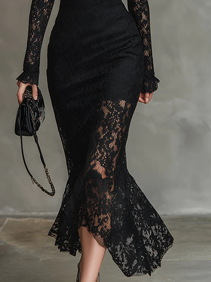 Elwira | Elegant Black Maxi Dress with Lace