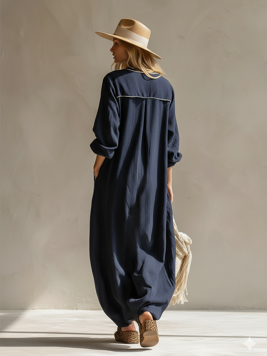 Elegant Urban Style Navy Blue Cotton And Linen Maxi Dress