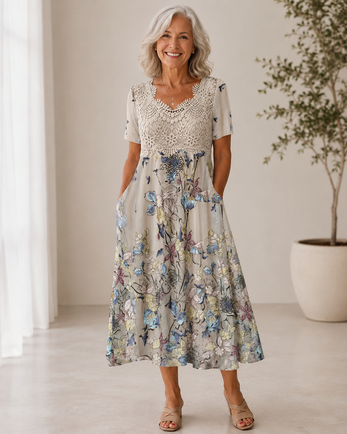 Lace Patchwork Floral Bird Print Dress