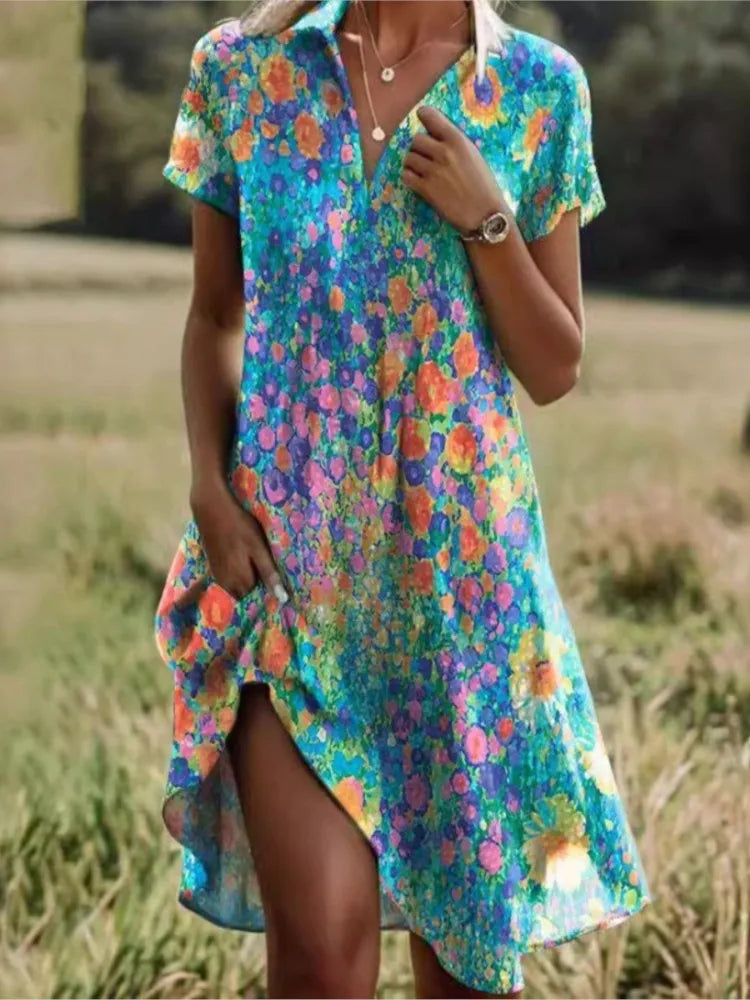 Carla™ | Stylish V-neck Buttoned Floral Dress