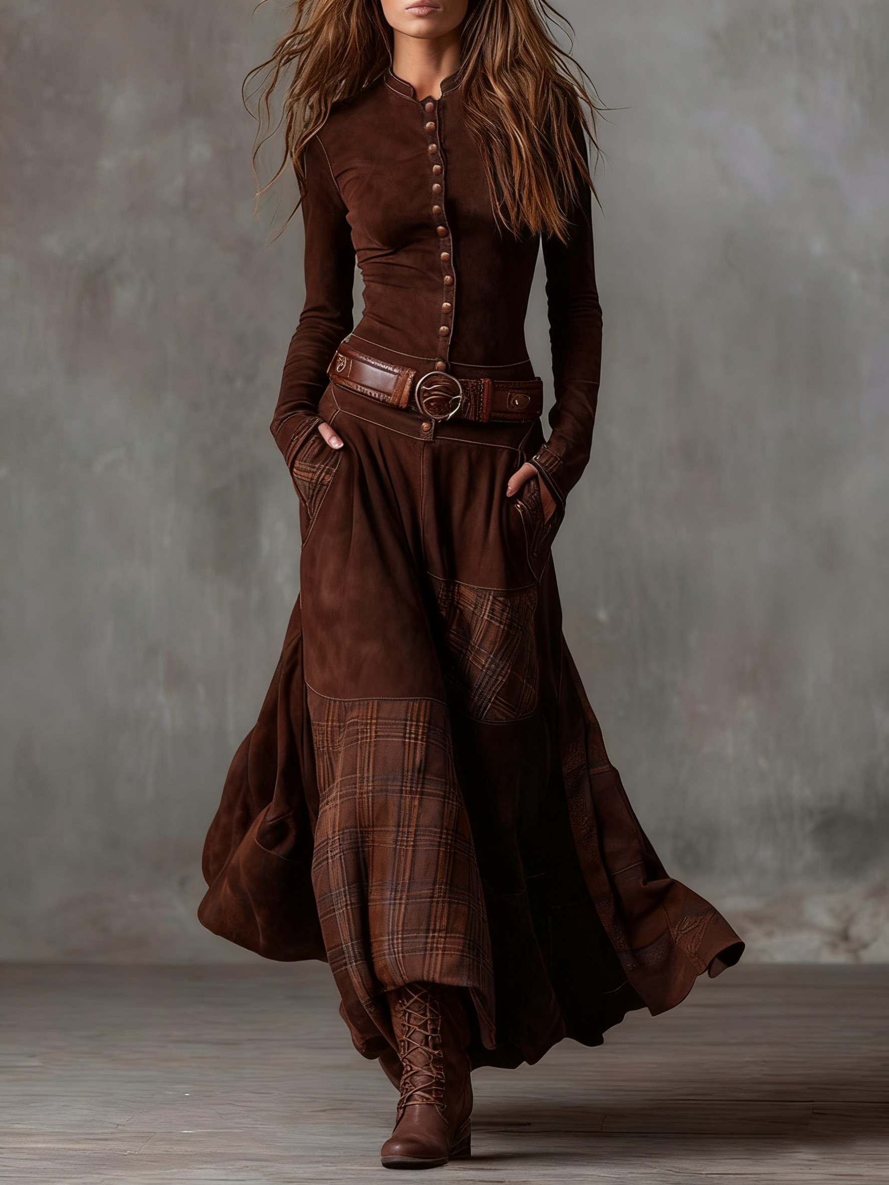 Leonora | Vintage Long Dress in Navy Blue Suede Check (Includes Belt)