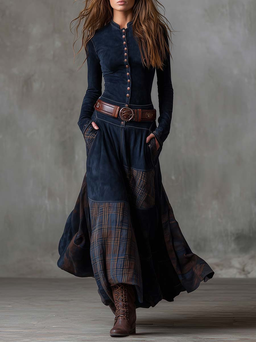 Helena | Navy Blue Suede Maxi Dress with Belt