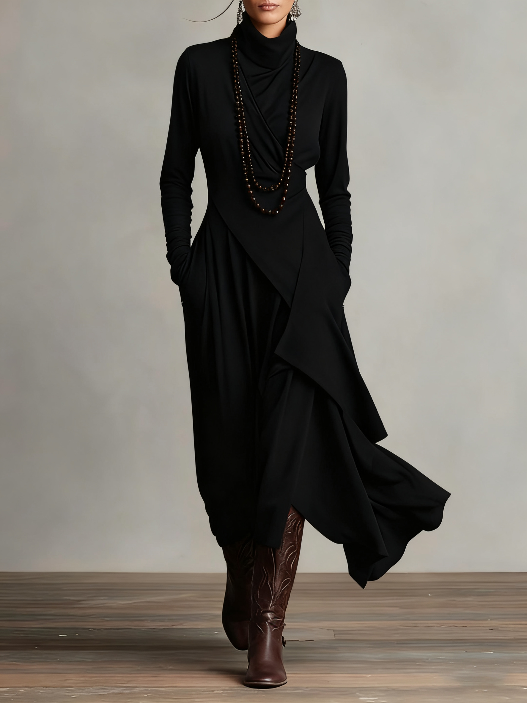 Purple High-neck Asymmetrical Pleated Maxi Dress
