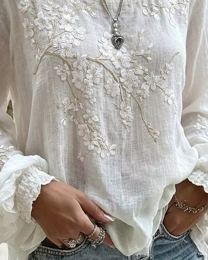 Getextureerde Kersenbloesem Geborduurd Ronde Hals Blouse