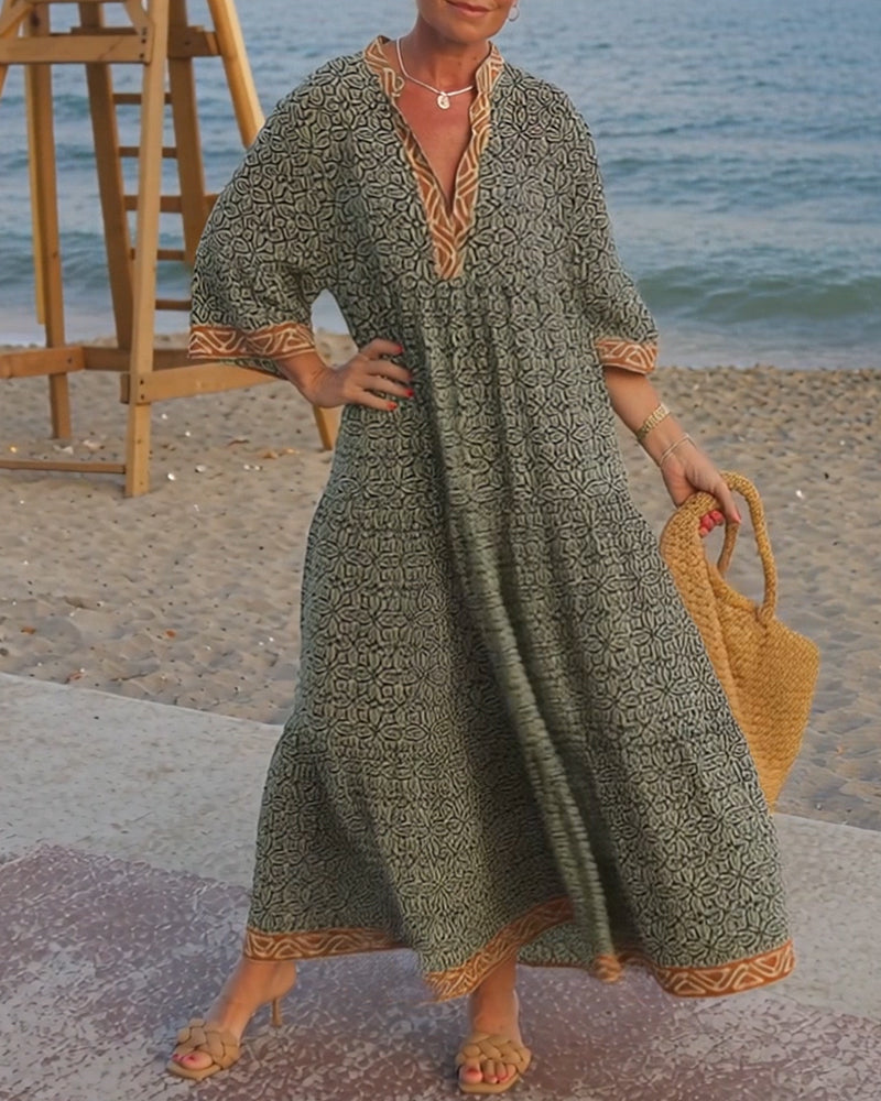 V-Neck Three Quarter Sleeve Printed Vacation Dress