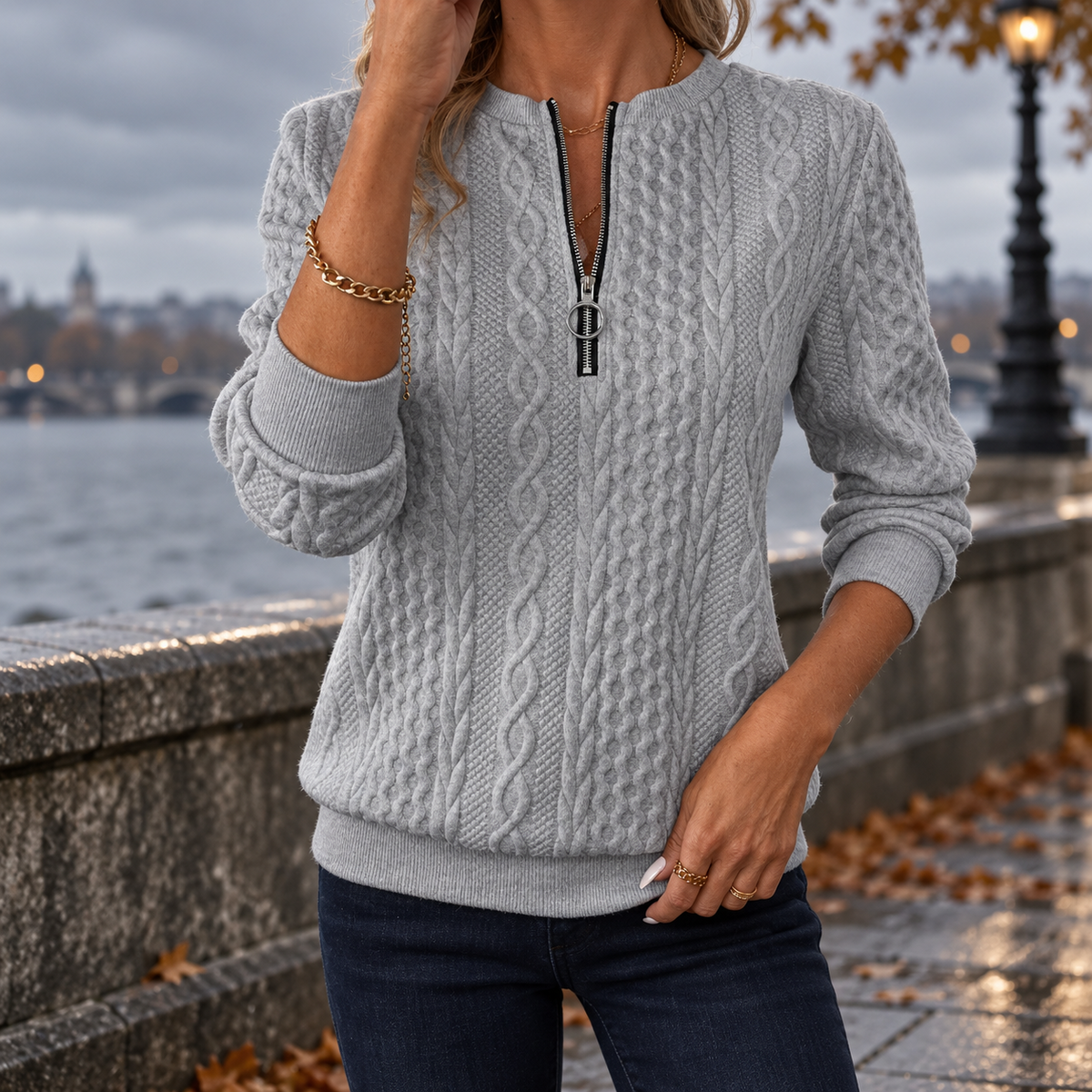Casual Trui met V-Hals en Ritsdetails