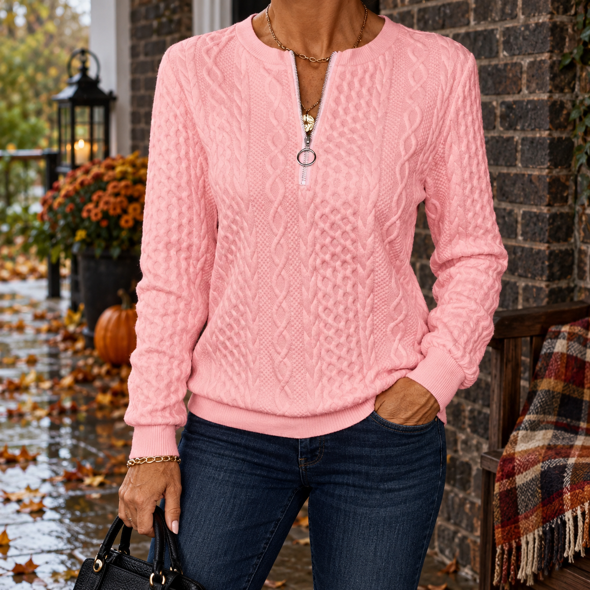 Casual Trui met V-Hals en Ritsdetails