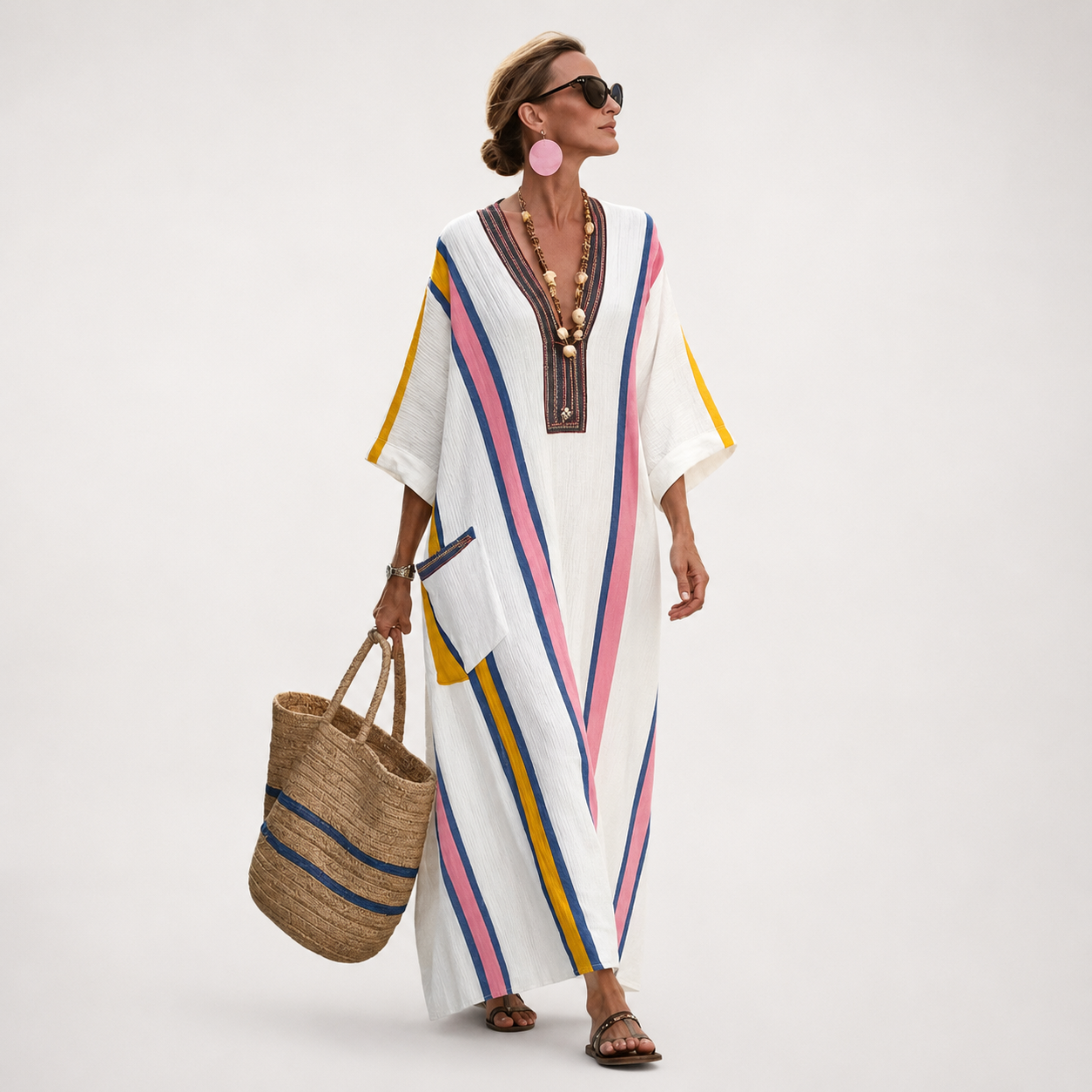 Lange Caftan - Wit met kleurrijke accenten