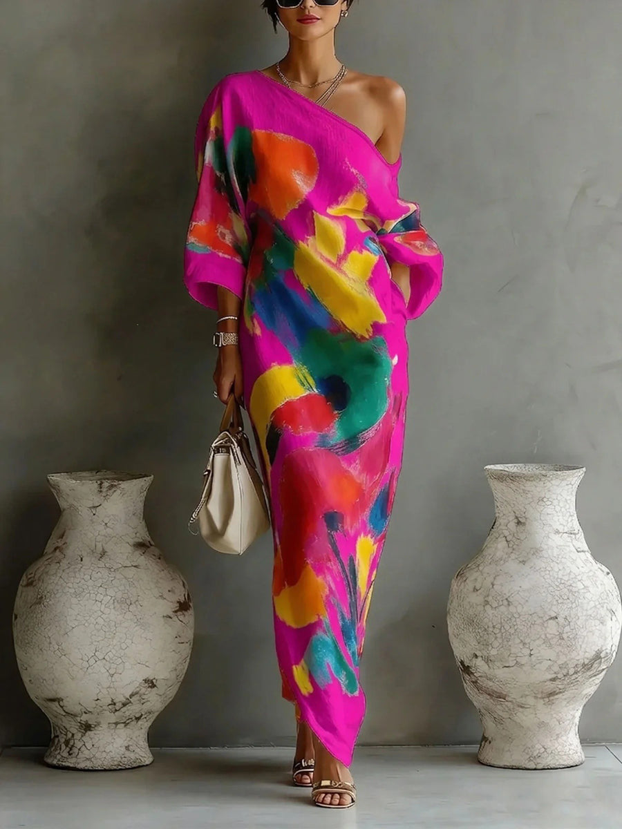 One-shoulder maxi-jurk met asymmetrische print - zijaanzicht