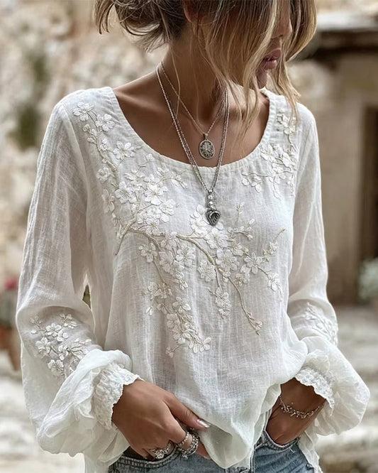 Getextureerde Kersenbloesem Geborduurd Ronde Hals Blouse