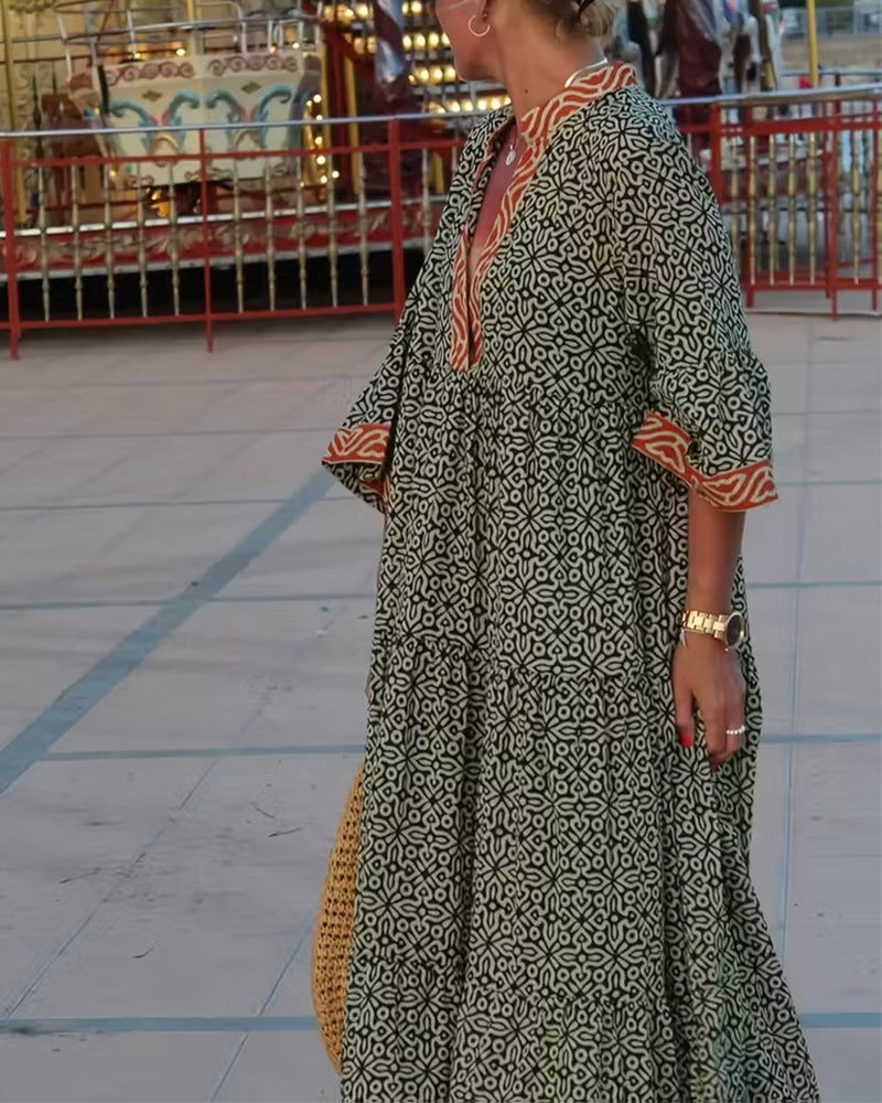 V-Neck Three Quarter Sleeve Printed Vacation Dress